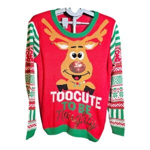 Holiday Time Kids Reindeer Ugly Christmas Sweater Red Too Cute To Be Naughty